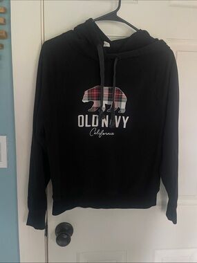 Old Navy Black Hoodie with Plaid Bear Graphic